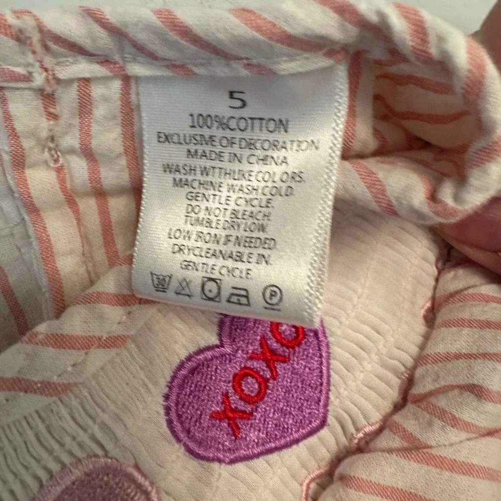 Smocked Dress Girls Size 5 Pink White Striped Embroidered Hearts Valentine